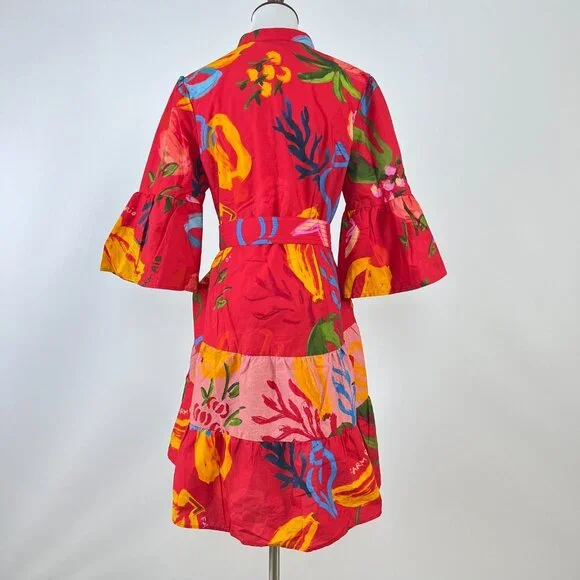 NWOT FARM Rio Mixed Fruits Ocean Bright Vibrant Dress Ruffle Sleeve Size S